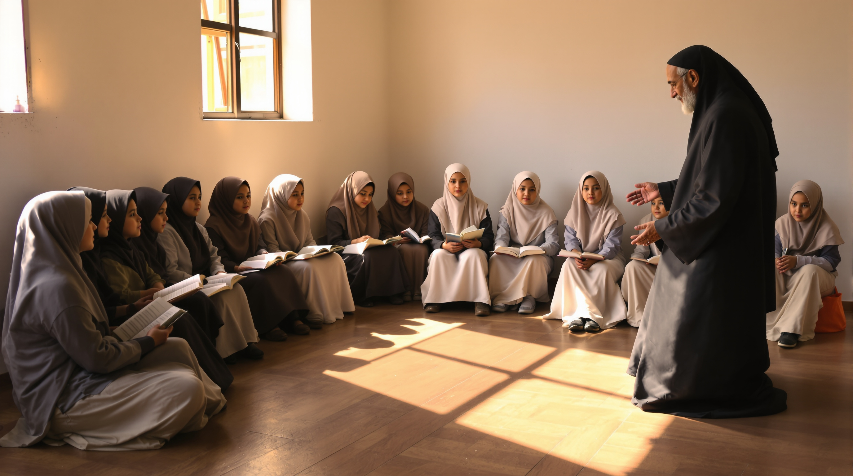 Children in an Islamic learning circle with a teacher, warm educational atmosphere