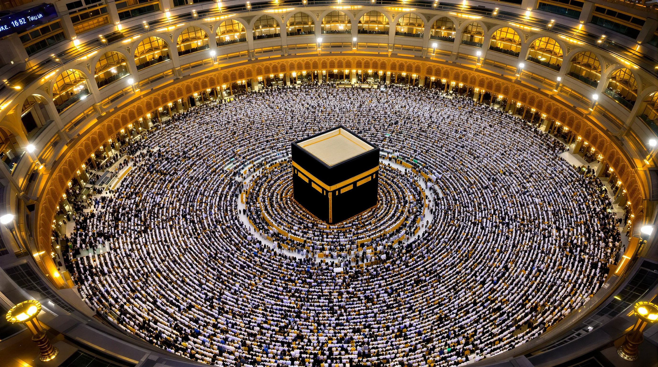 Aerial view of the Kaaba in Mecca surrounded by pilgrims