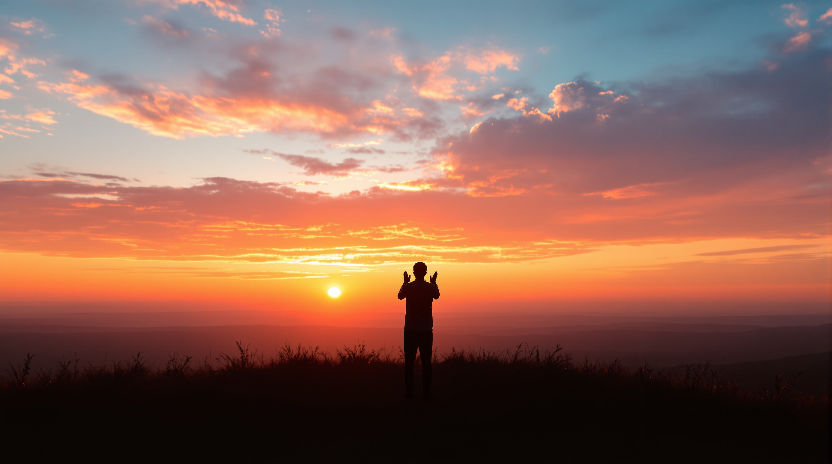 Silhouette of a Muslim in prayer against a sunrise horizon