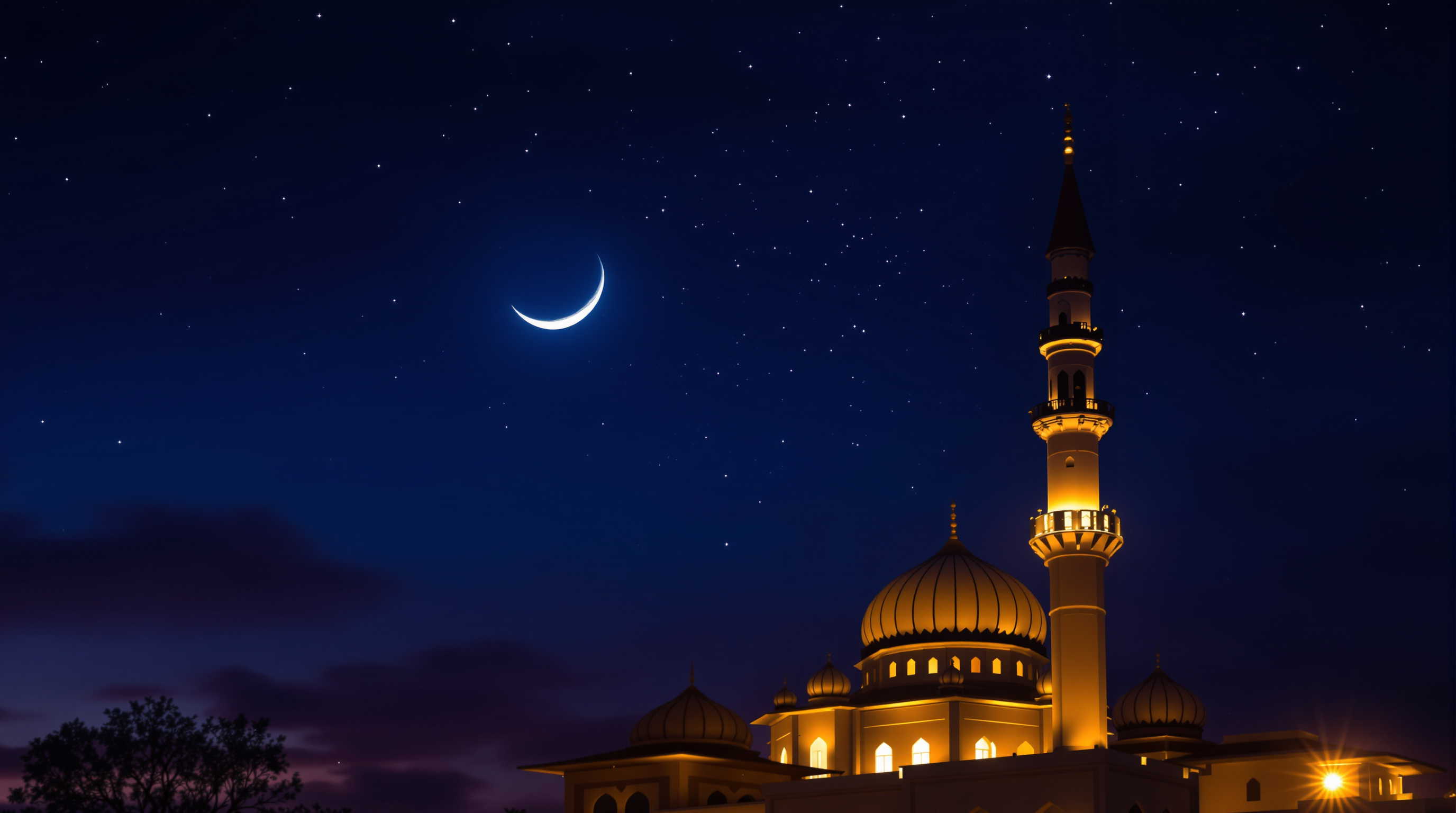 Crescent moon over a mosque minaret at dusk, Ramadan atmosphere