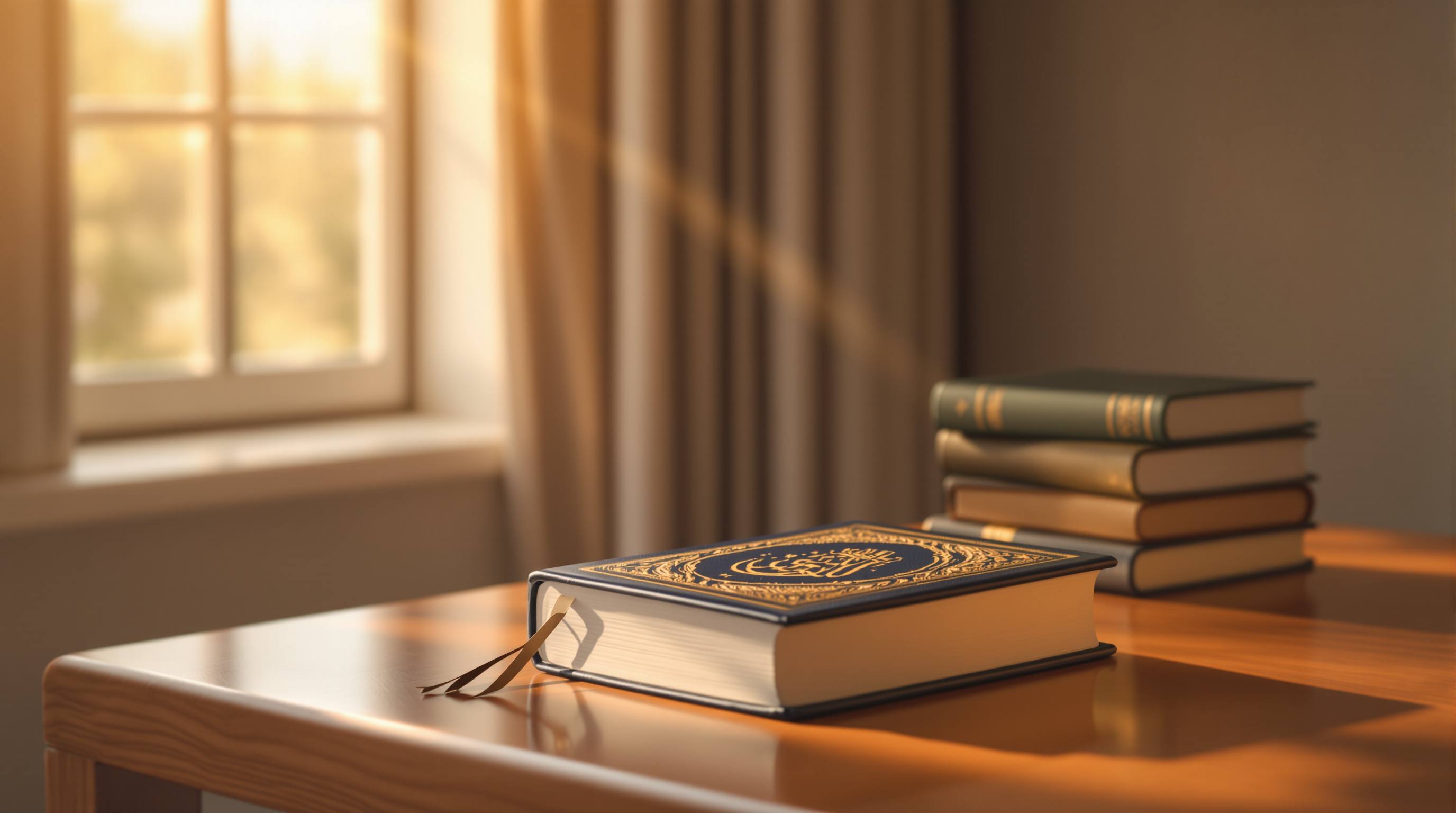 Islamic books and Quran on a wooden desk with soft morning light