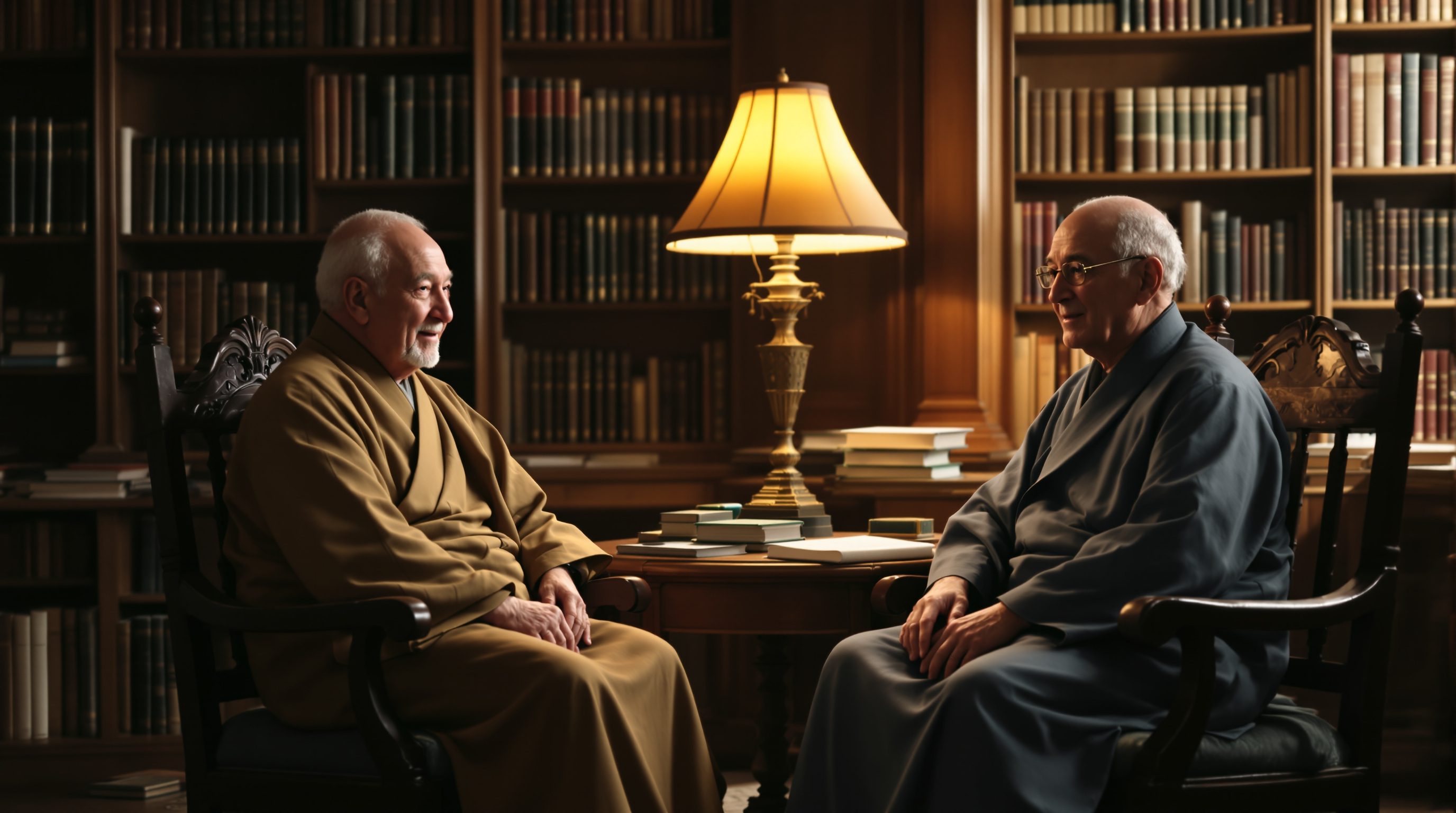 Two Islamic scholars in respectful conversation, traditional setting with books