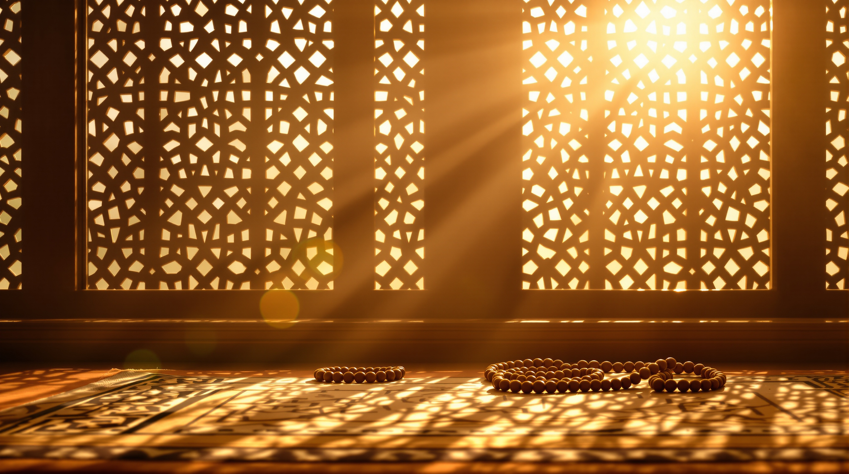 Golden light through latticed windows on a prayer mat